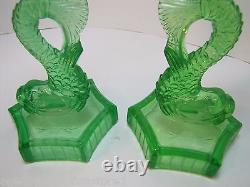 Dauphin Koi Fish Old Green Depression Uranium Glass Lamp Base Candle Holders