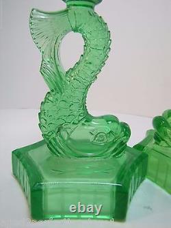 Dauphin Koi Fish Old Green Depression Uranium Glass Lamp Base Candle Holders