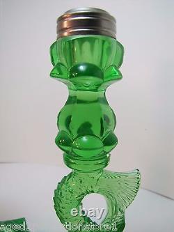 Dauphin Koi Fish Old Green Depression Uranium Glass Lamp Base Candle Holders