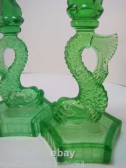 Dauphin Koi Fish Old Green Depression Uranium Glass Lamp Base Candle Holders