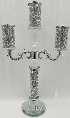 Decorative 3 Candle Holder Sparkly Silver Diamond Crush Crystal Faceted Balls
