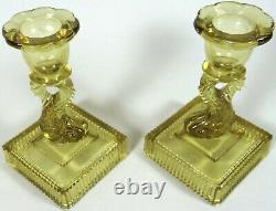 Depression Glass Candle Stick Candle Holders Yellow Koi Fish Taper Unusual Base