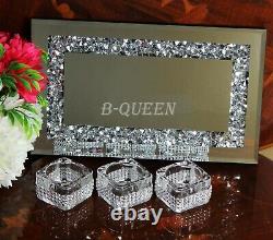 Diamante Crushed Diamond Mirrored Tray & Triple Candle Holder Wedding Tray Set
