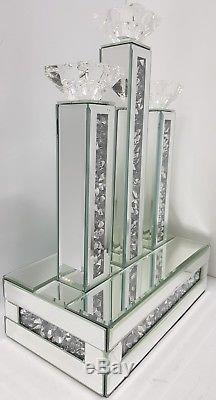 Diamond Crush Crystal Effect Silver Mirrored 3 Candle Holder Bling 47.5cm Height