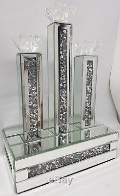 Diamond Crush Crystal Effect Silver Mirrored 3 Candle Holder Bling 47.5cm Height