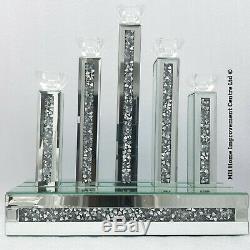 Diamond Crush Crystal Sparkly Silver Mirrored 5 Candle Holder 45x16xH46cm