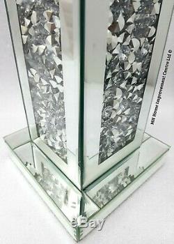 Diamond Crush Sparkly Silver Mirrored Pillar Dinner Candle Holder Square Tall