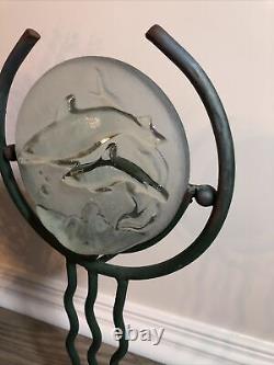 Dolphin Candlestick Holder Sun reflector Cast Iron Glass Green 16 x 8 Handmade