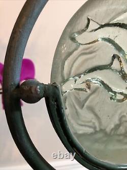 Dolphin Candlestick Holder Sun reflector Cast Iron Glass Green 16 x 8 Handmade
