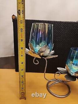 Double Lotus Candle Stand. Rare Blue Glass. Measurements In Pictures