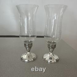 Duchin Sterling Silver Weighted Pair of Etched Hurricane Glass Candle Holders