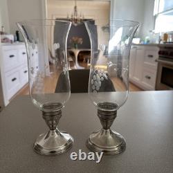 Duchin Sterling Silver Weighted Pair of Etched Hurricane Glass Candle Holders
