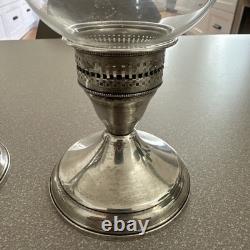 Duchin Sterling Silver Weighted Pair of Etched Hurricane Glass Candle Holders