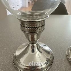 Duchin Sterling Silver Weighted Pair of Etched Hurricane Glass Candle Holders