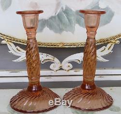 Duncan Miller Fluted Swirl Pink Rose Candle Holders Depression Glass Candlestick