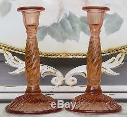 Duncan Miller Fluted Swirl Pink Rose Candle Holders Depression Glass Candlestick