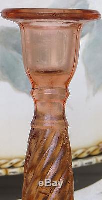 Duncan Miller Fluted Swirl Pink Rose Candle Holders Depression Glass Candlestick