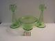 Extremely Rare Hawkes Green Uranium Glass Console Set, Bowl And Candle Holders