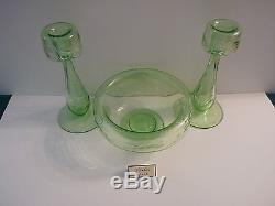 EXTREMELY RARE Hawkes Green Uranium Glass Console Set, Bowl and Candle Holders