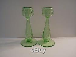 EXTREMELY RARE Hawkes Green Uranium Glass Console Set, Bowl and Candle Holders