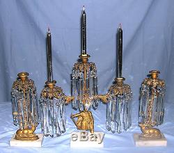 Early 1800s 3 Piece Brass & Marble Girandeol Set with Mantle Lustres and Candles
