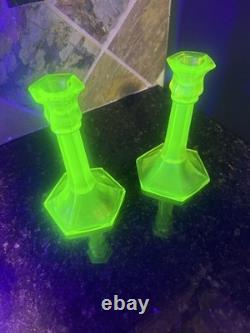 Early Fenton uranium Vaseline glass topaz Iridescent Glass Candle holders, read