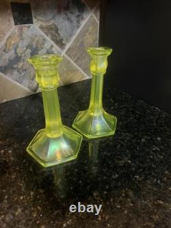 Early Fenton uranium Vaseline glass topaz Iridescent Glass Candle holders, read