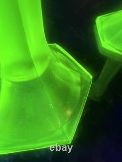 Early Fenton uranium Vaseline glass topaz Iridescent Glass Candle holders, read