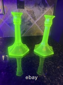 Early Fenton uranium Vaseline glass topaz Iridescent Glass Candle holders, read