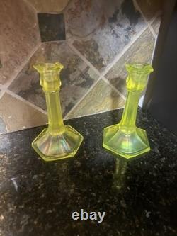 Early Fenton uranium Vaseline glass topaz Iridescent Glass Candle holders, read
