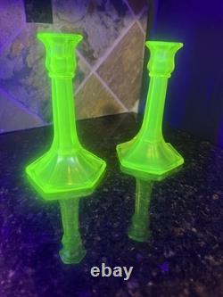 Early Fenton uranium Vaseline glass topaz Iridescent Glass Candle holders, read