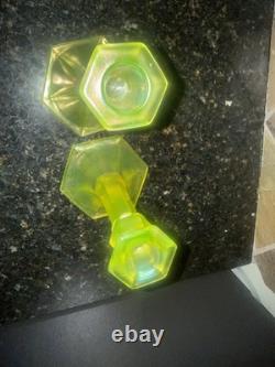 Early Fenton uranium Vaseline glass topaz Iridescent Glass Candle holders, read