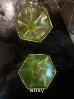 Early Fenton uranium Vaseline glass topaz Iridescent Glass Candle holders, read