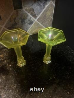 Early Fenton uranium Vaseline glass topaz Iridescent Glass Candle holders, read