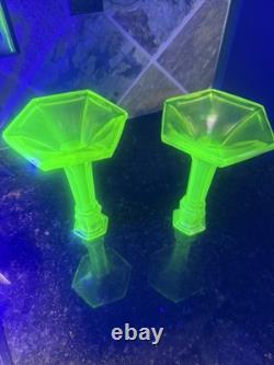 Early Fenton uranium Vaseline glass topaz Iridescent Glass Candle holders, read
