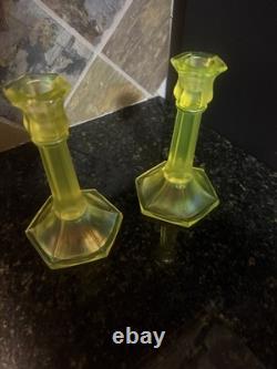 Early Fenton uranium Vaseline glass topaz Iridescent Glass Candle holders, read