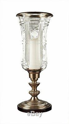 Elegant Antique Brass Plaid Cut Glass Hurricane Pillar Candle Holder 23H