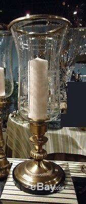 Elegant Antique Brass Plaid Cut Glass Hurricane Pillar Candle Holder 23H