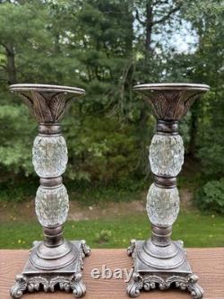Elegant Vintage Style Silver Tone Marble & Faceted Glass Candle Holders Set 2