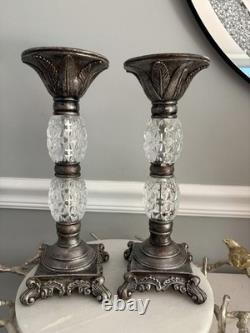 Elegant Vintage Style Silver Tone Marble & Faceted Glass Candle Holders Set 2