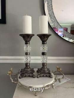 Elegant Vintage Style Silver Tone Marble & Faceted Glass Candle Holders Set 2 Elegant Vintage Style Silver Tone Marble & Faceted Glass Candle Holders Set 2