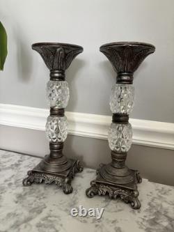 Elegant Vintage Style Silver Tone Marble & Faceted Glass Candle Holders Set 2