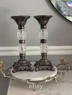 Elegant Vintage Style Silver Tone Marble & Faceted Glass Candle Holders Set 2