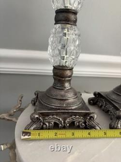 Elegant Vintage Style Silver Tone Marble & Faceted Glass Candle Holders Set 2
