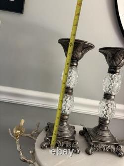 Elegant Vintage Style Silver Tone Marble & Faceted Glass Candle Holders Set 2 Elegant Vintage Style Silver Tone Marble & Faceted Glass Candle Holders Set 2