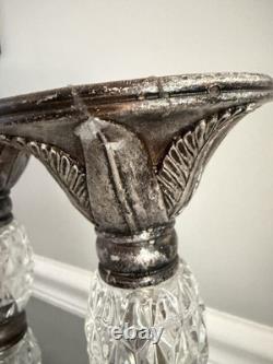 Elegant Vintage Style Silver Tone Marble & Faceted Glass Candle Holders Set 2