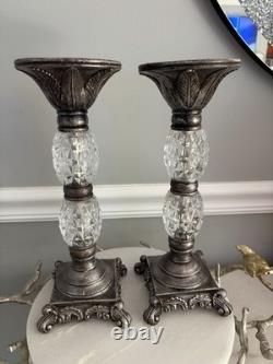 Elegant Vintage Style Silver Tone Marble & Faceted Glass Candle Holders Set 2