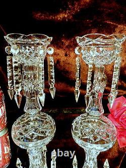 FABULOUS Vintage GERMAN Crystal CUT GLASS Candle Holders w CUT SPEAR CRYSTALS