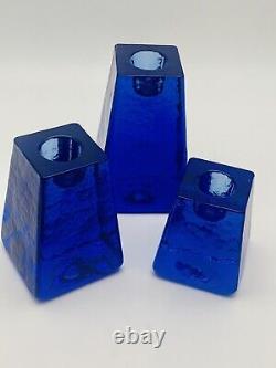 FIRE & LIGHT Recycled Art Glass Cobalt Blue Candle Holders Signed Set of 3