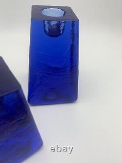 FIRE & LIGHT Recycled Art Glass Cobalt Blue Candle Holders Signed Set of 3